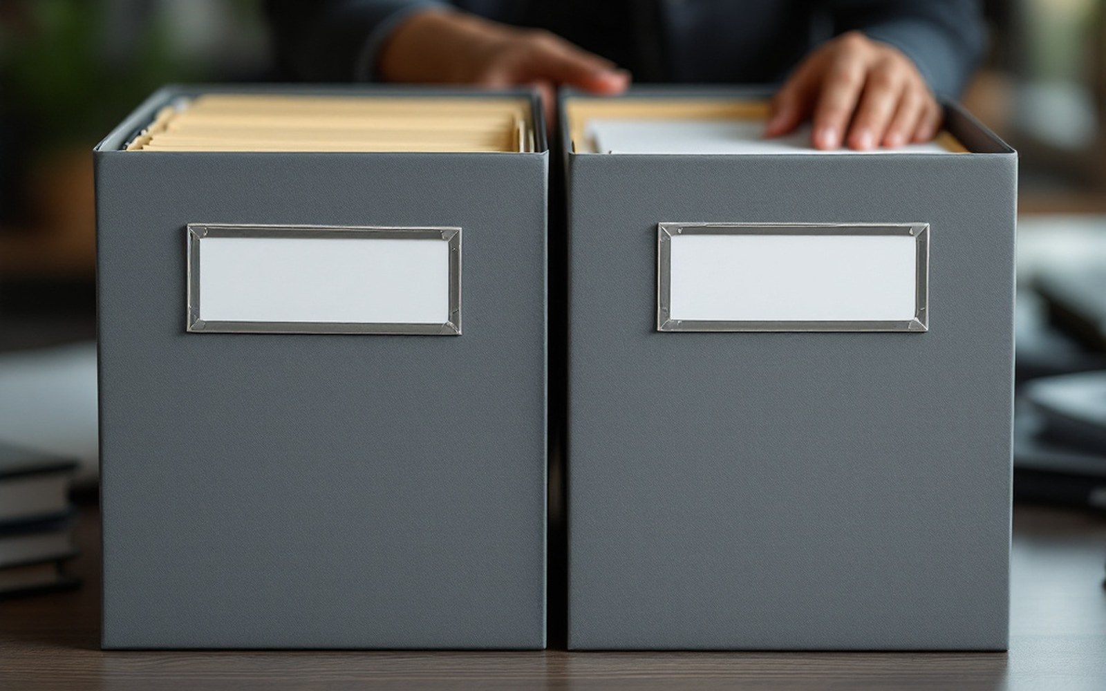 Two identical filing folders side by side on a desk with different labels, an adult hand opening one of them