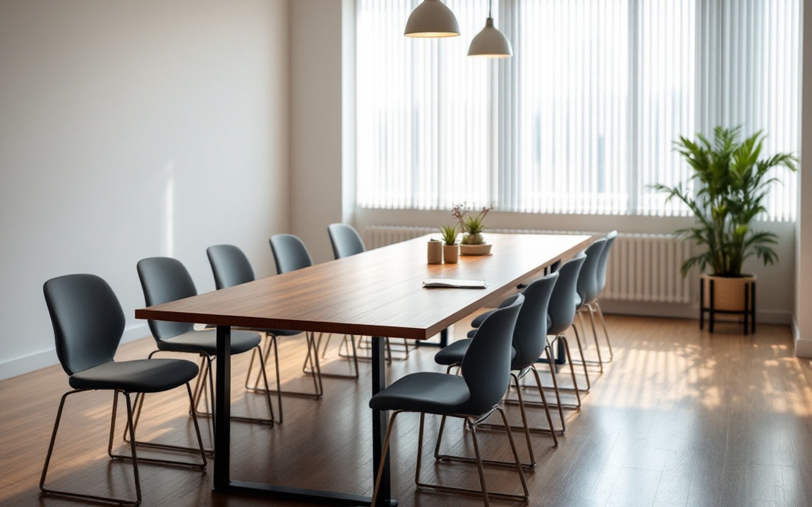 A trade association meeting room with a long table and stacking chairs, empty, daylight through blinds