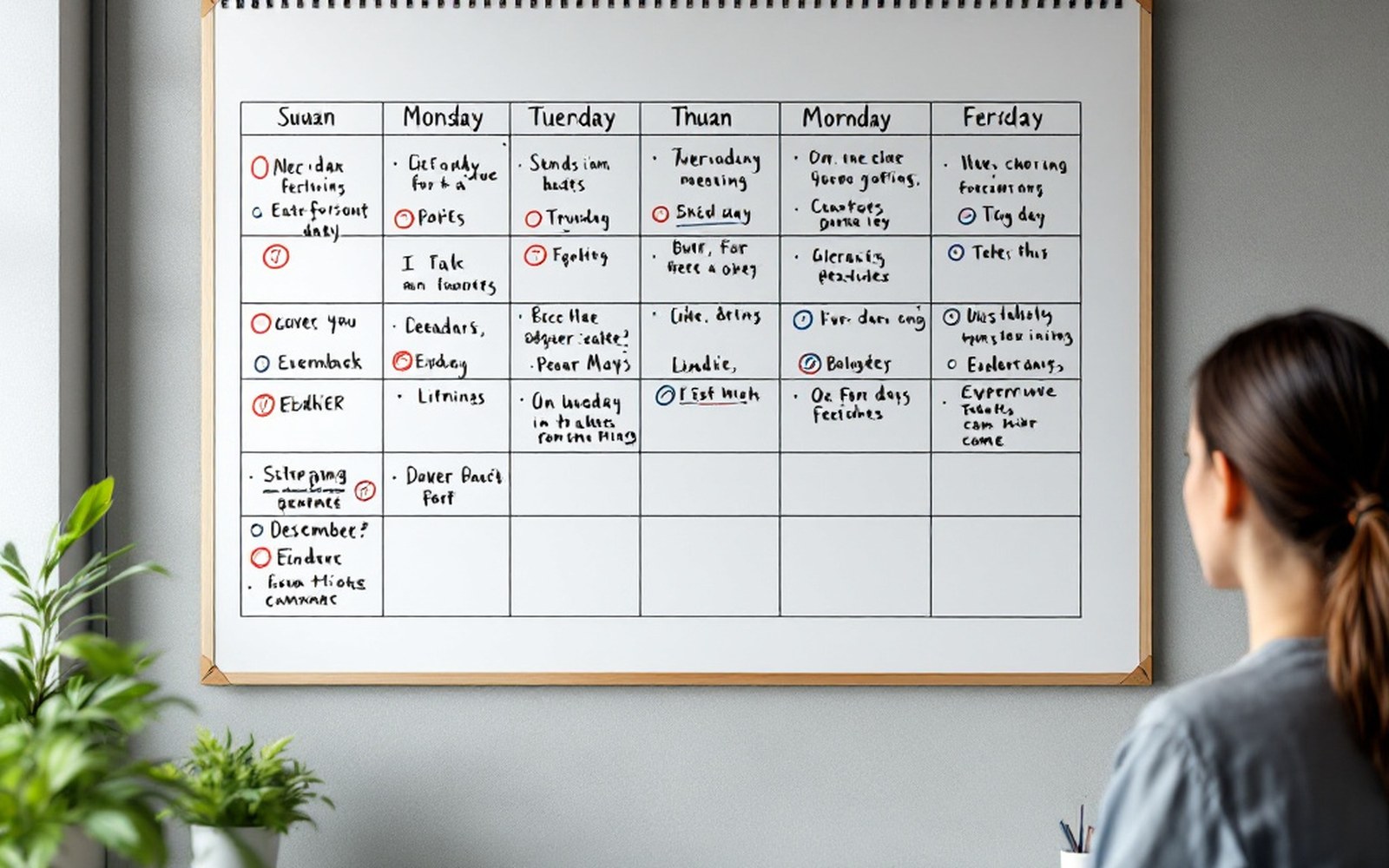 A wall planner marked up across twelve months with deadlines circled, office wall