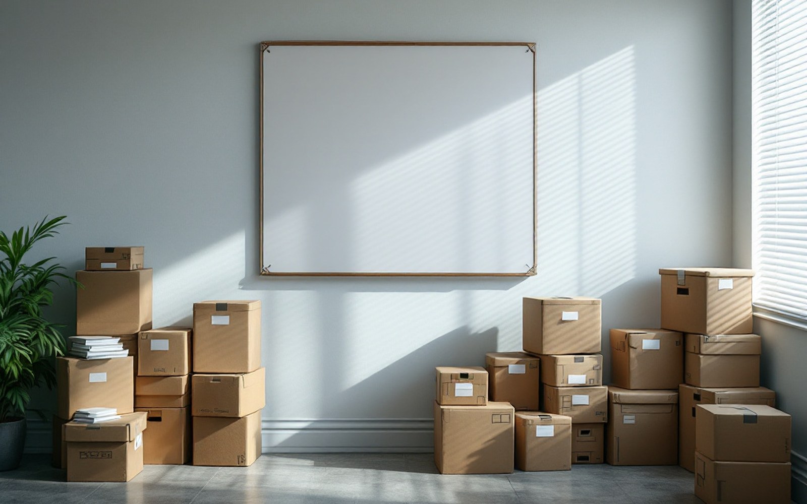 An empty office with boxes stacked and a bare noticeboard, blinds half drawn