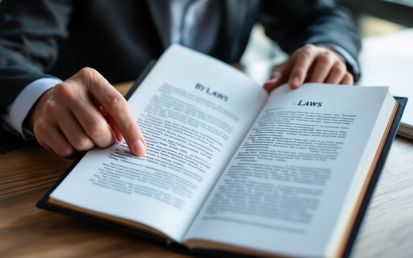 A bound bylaws document open at a numbered article, finger marking the clause