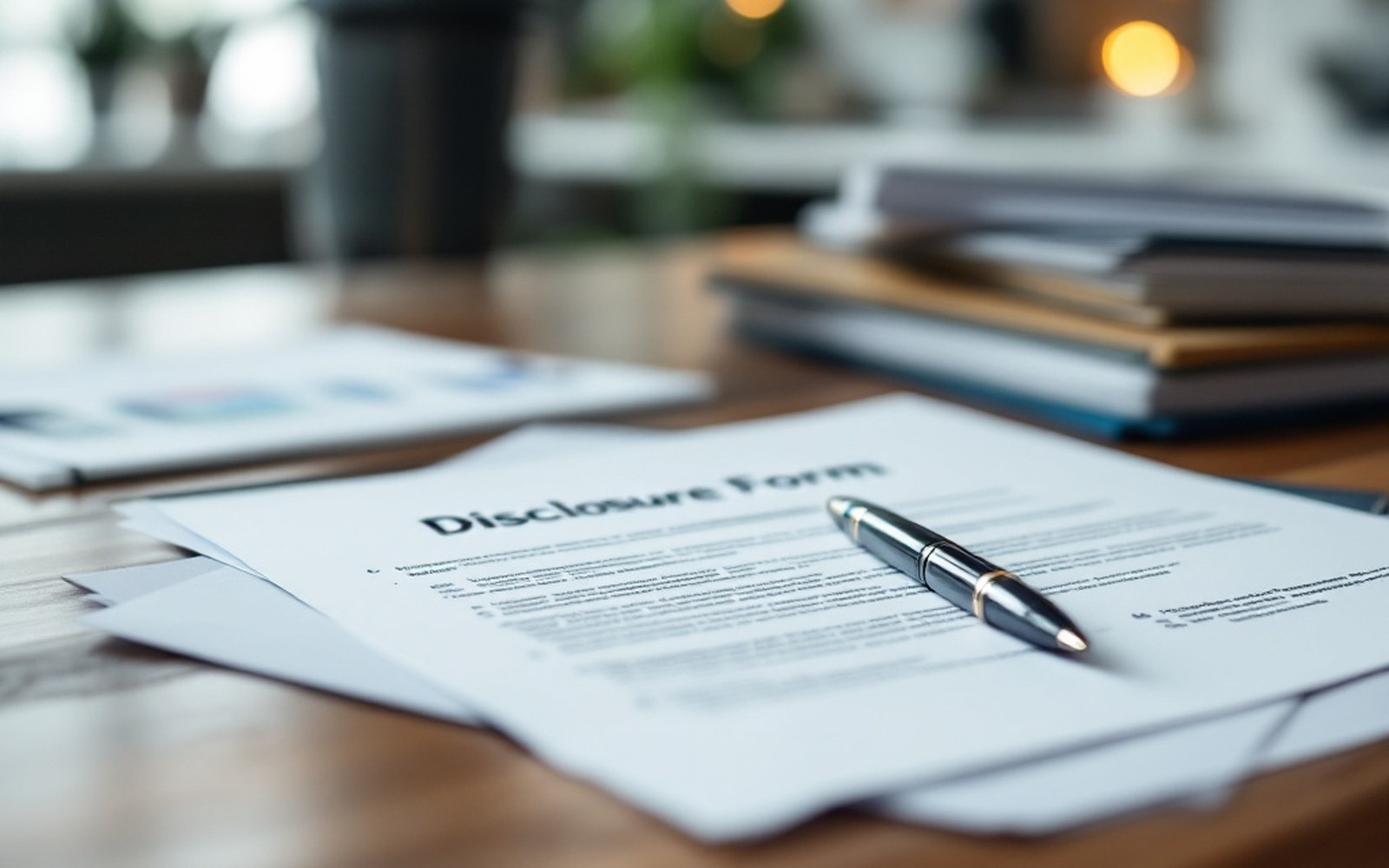 A signed disclosure form on a desk with a pen laid across it, other forms stacked beside