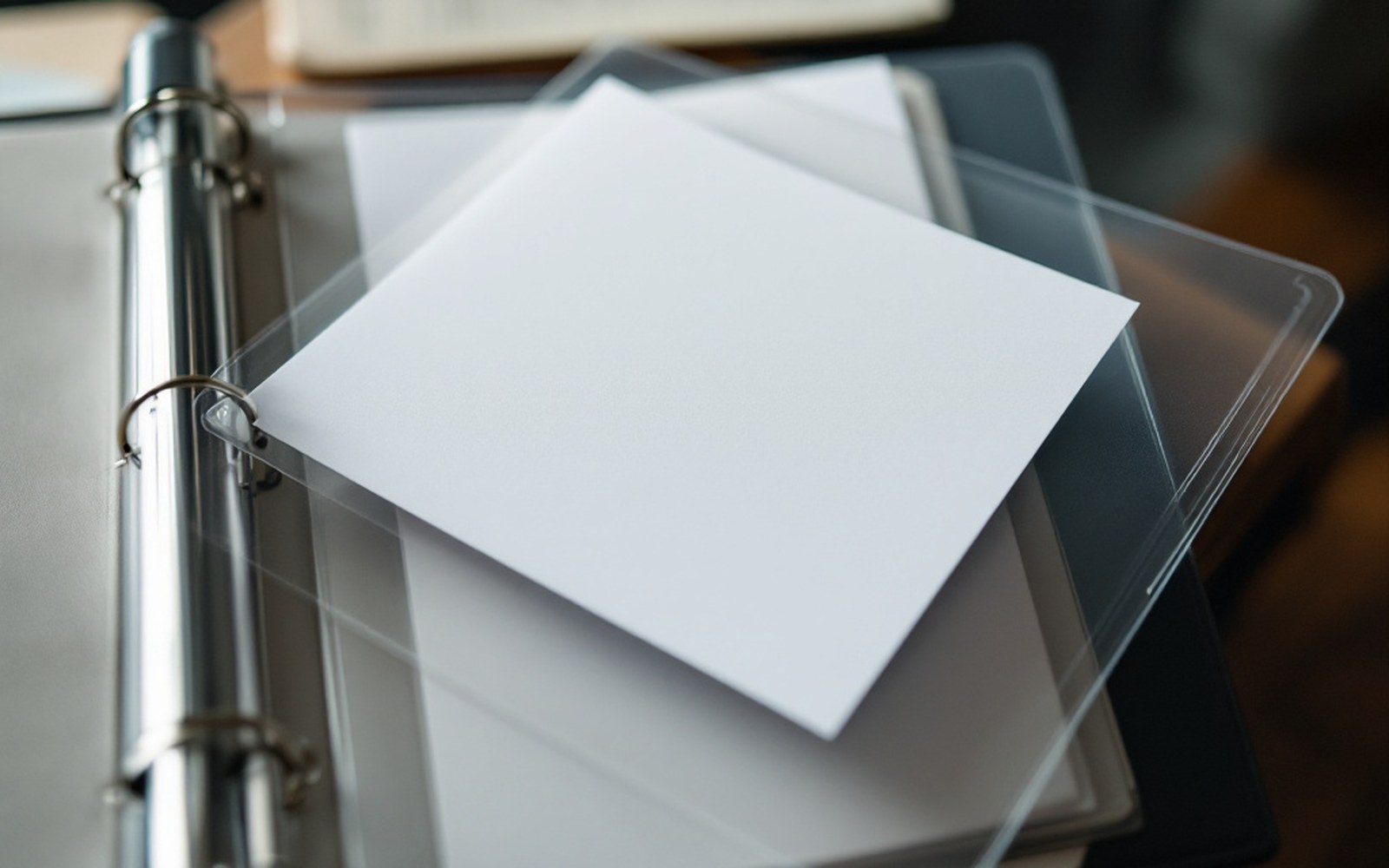 A single sheet of headed paper inside a clear plastic sleeve in an open ring binder, seen from above at an angle, shallow depth of field on the punch holes