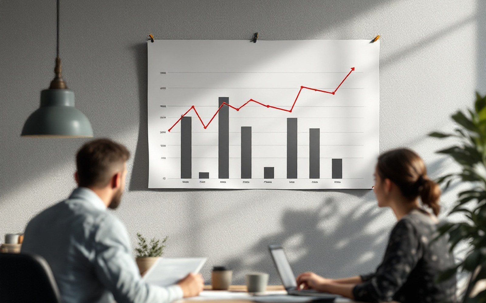 A long-run financial chart printed on paper and pinned to an office wall