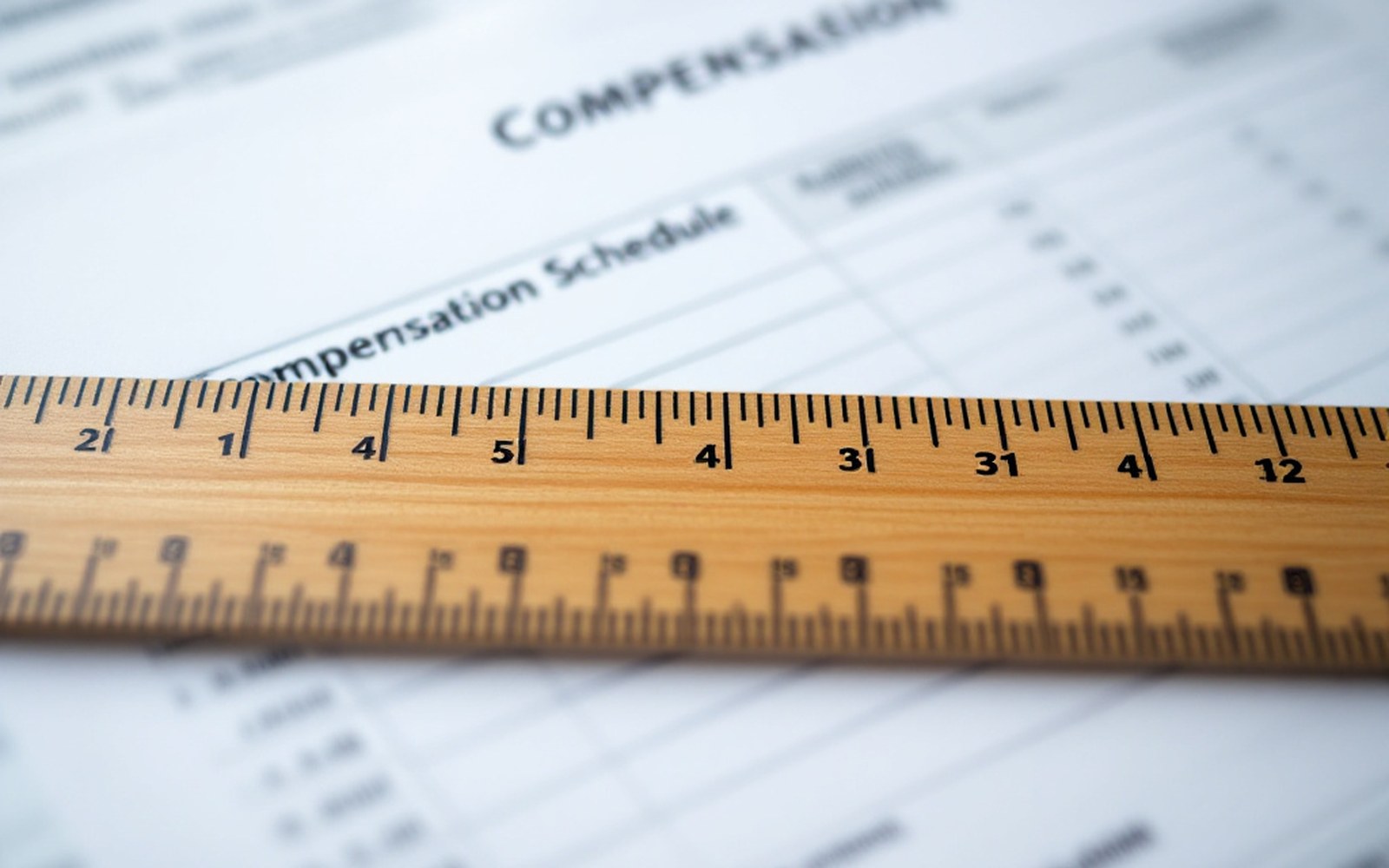 A compensation schedule printed out with rows and figures, a ruler laid across one line