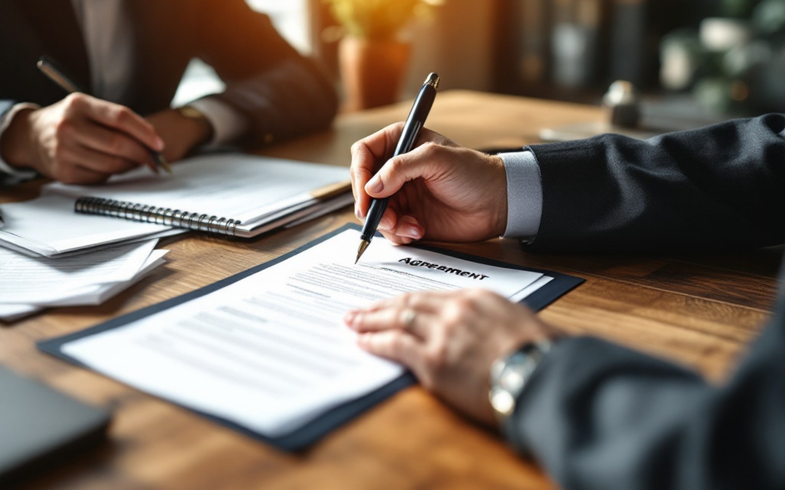 Two people at a table with hands resting on a signed agreement in daylight