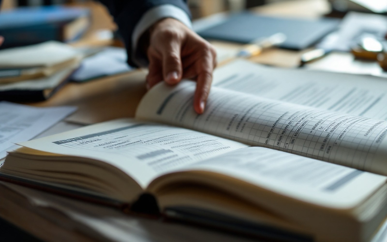A thick annual information return open on a desk showing dense ruled schedules, adult hand turning a page