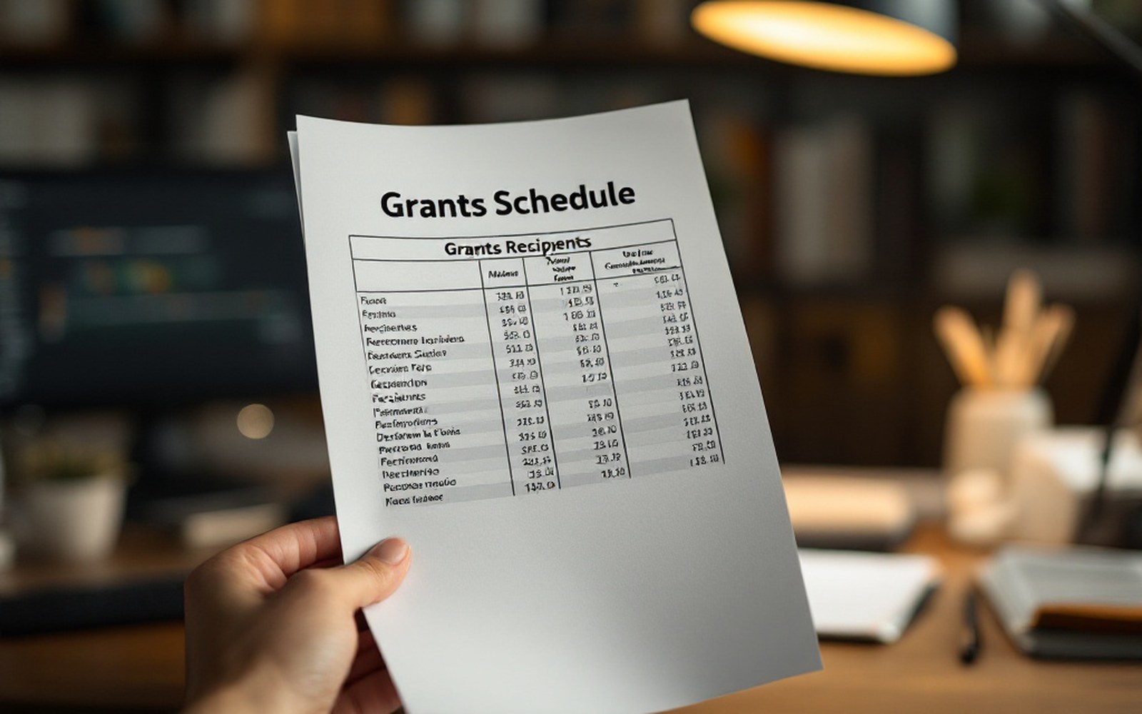 A printed grants schedule listing recipients and amounts, held at an angle under a desk lamp