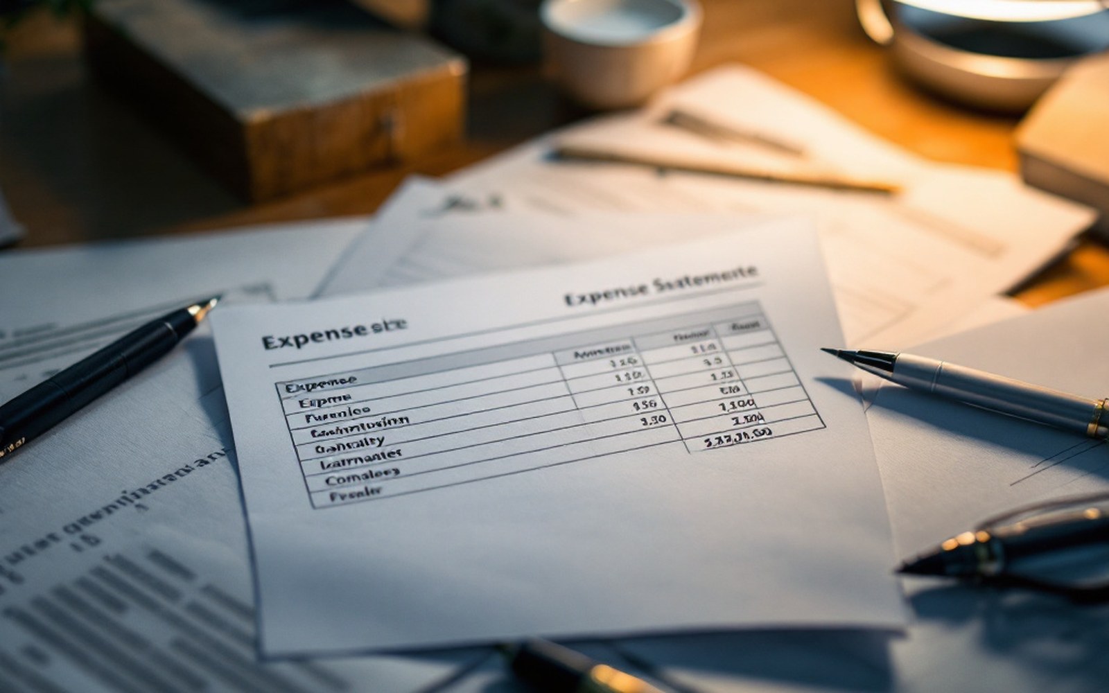 A functional expense statement with three columns of figures, on a desk under a lamp