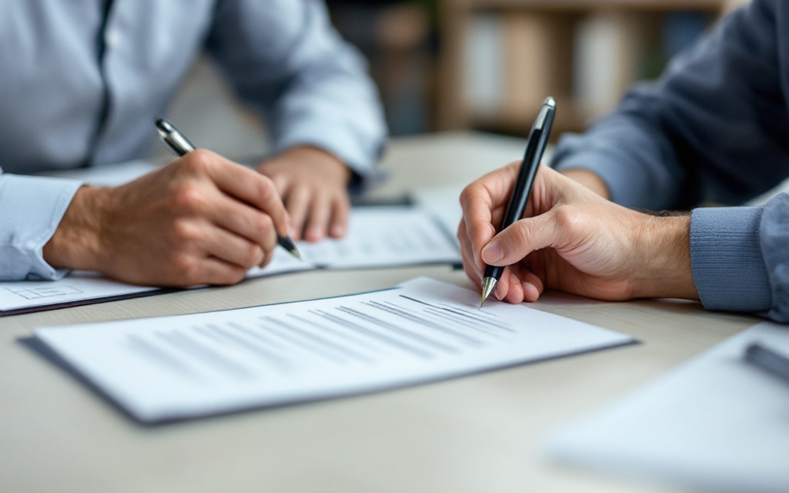 Two adults signing an agreement across a plain table, seen from the side at desk height, hands and pen sharp and the paperwork angled away out of focus