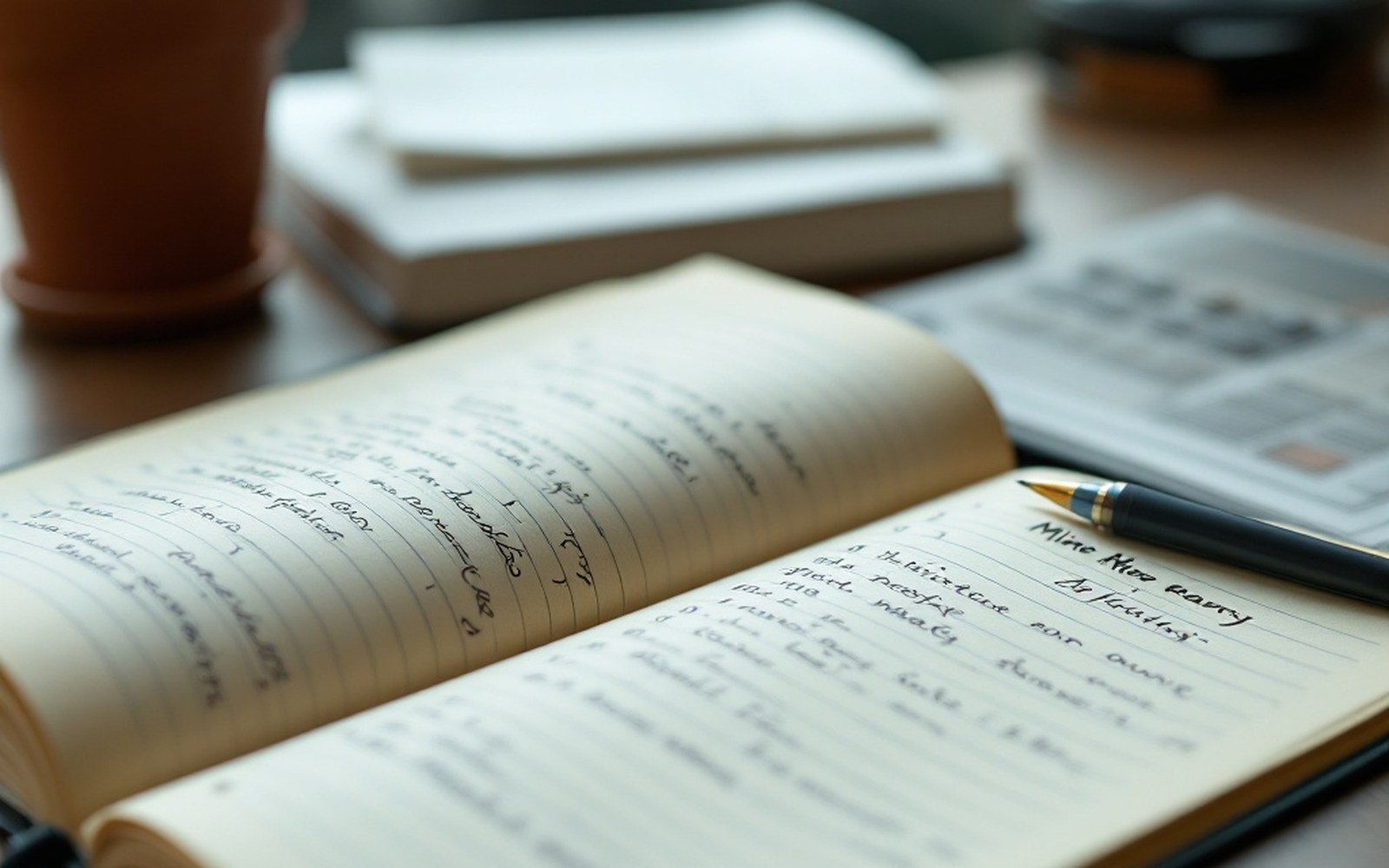 A minute book of ruled pages with handwritten entries, open on a desk