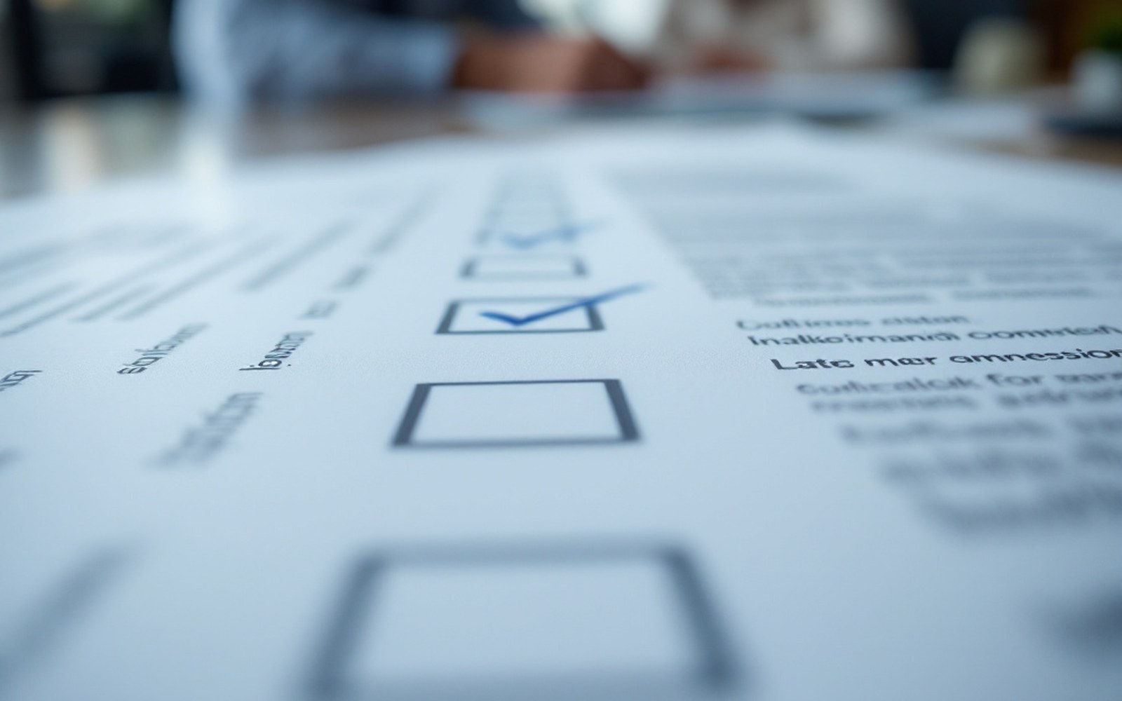 A close view of a row of empty printed checkboxes down the edge of an official form, very shallow focus, only the boxes and rules sharp