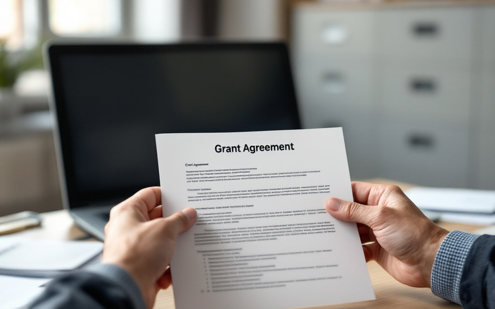 A grant agreement document held open with both adult hands at a desk, filing cabinet behind