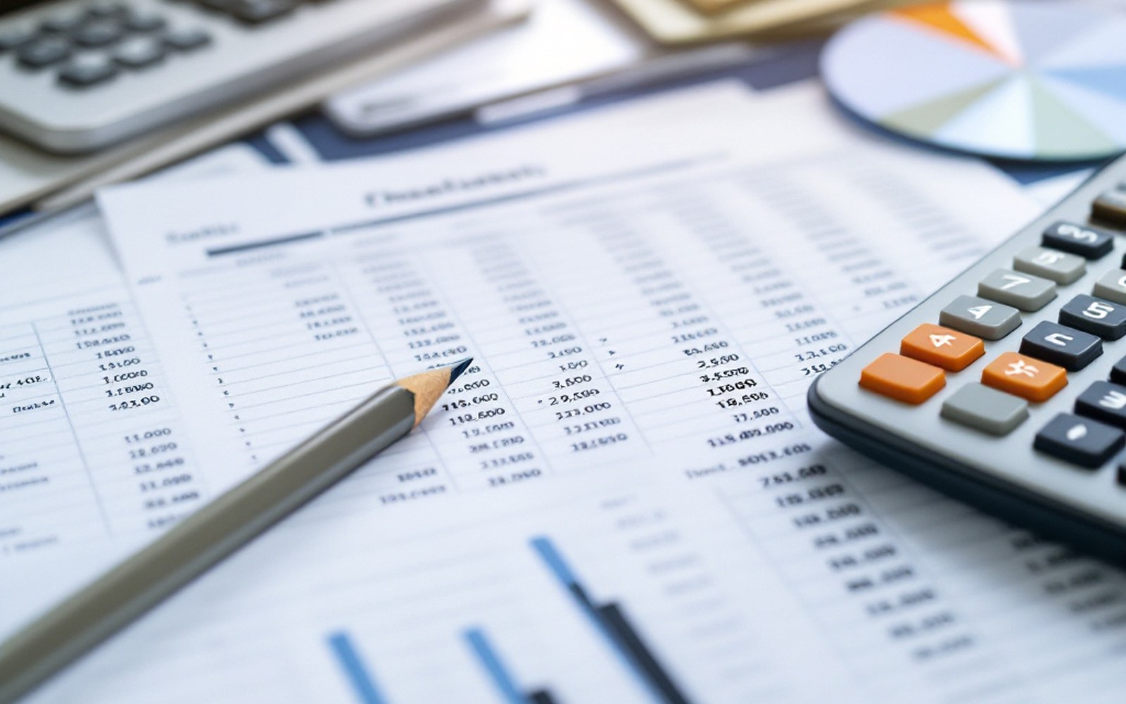 A printed spreadsheet of columns and totals on a desk with a pencil and calculator beside it