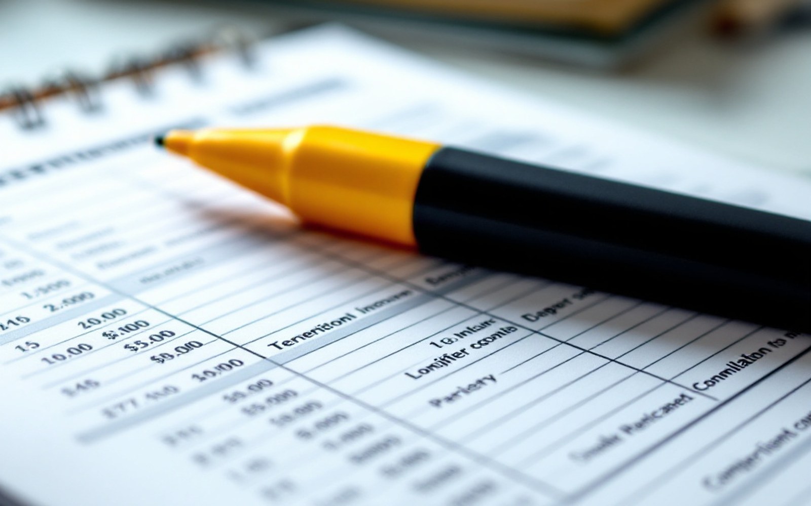 Two ledger columns on a printed statement with a highlighter resting on the page