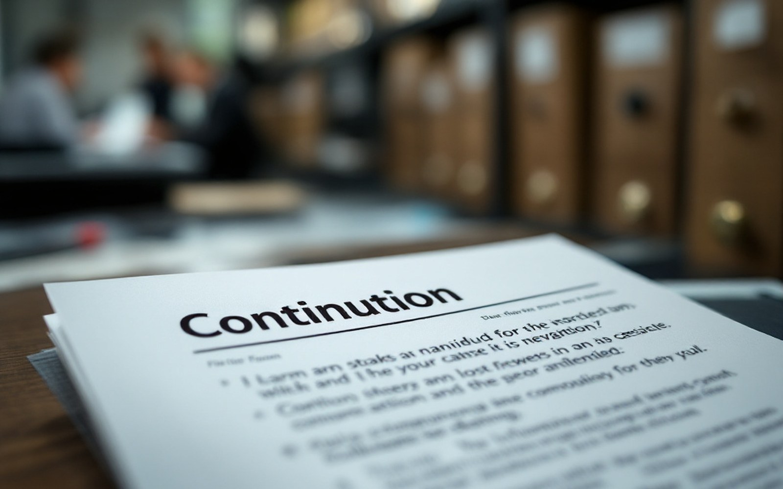A stapled typed continuation page attached behind a form, the corner and staple sharp in the foreground and the body of the page falling away out of focus