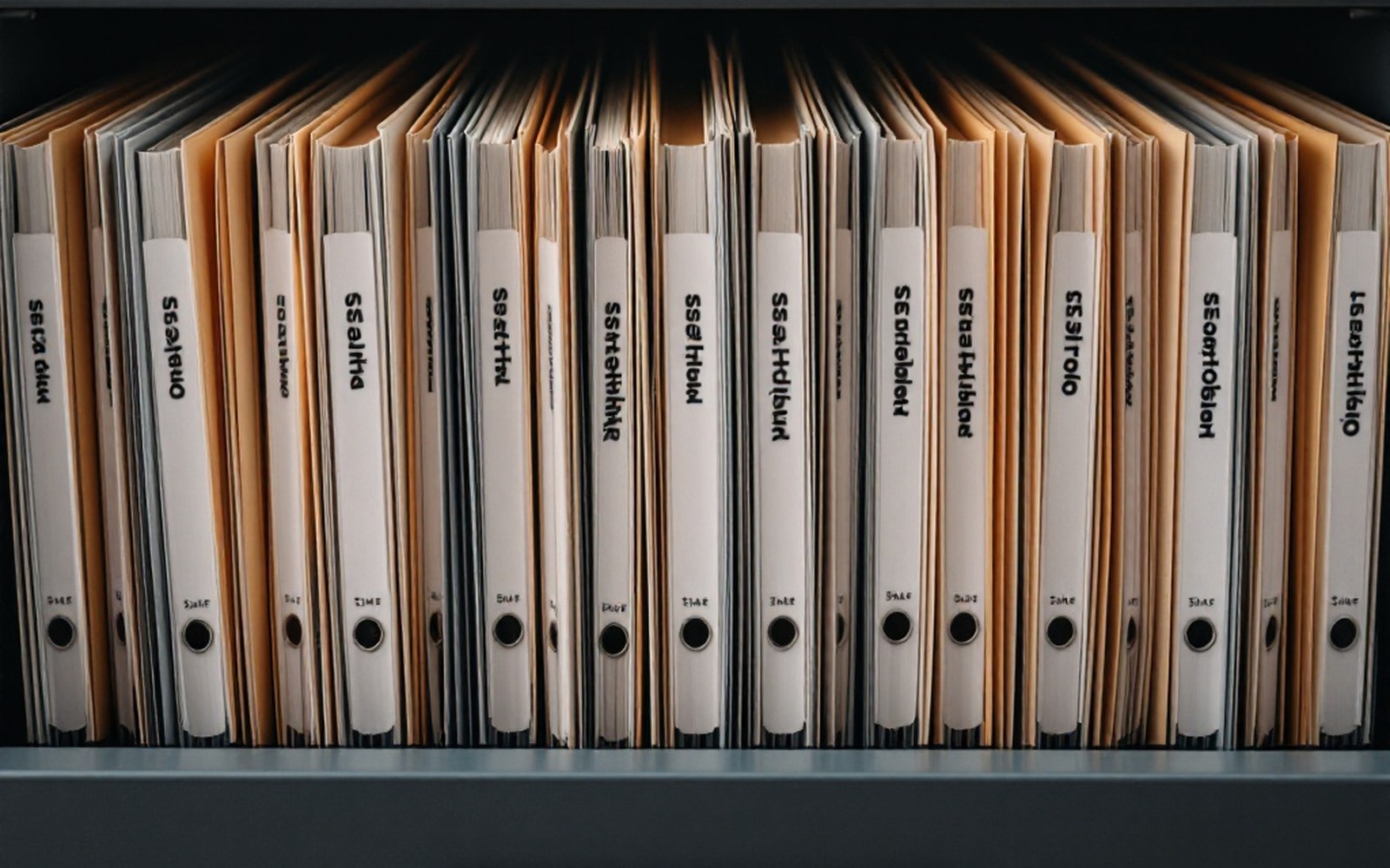 A row of state registration folders in a filing drawer, tabs visible, drawer pulled open