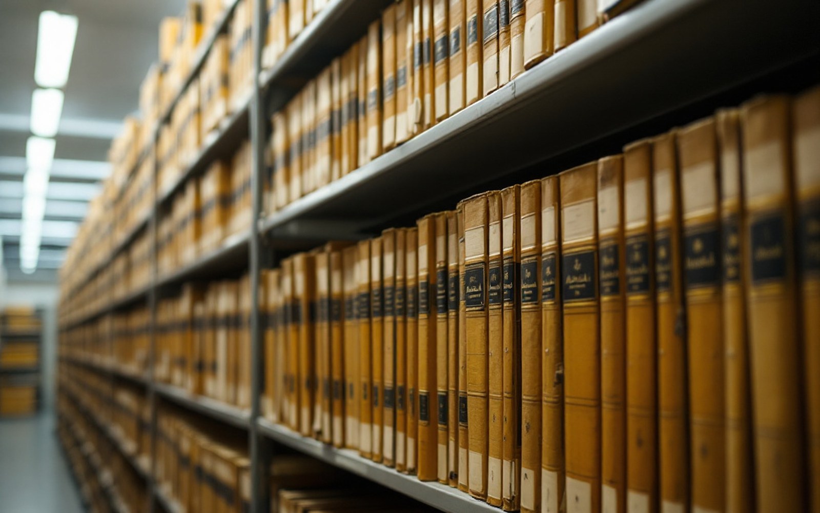A wall of bound annual filings on open shelving in a records room, labelled spines, fluorescent light